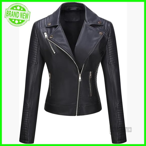 Faux Leather Moto Jacket Cropped Slim Fit Asymmetric Zipper Quilted Detailing